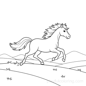 A galloping horse on grassy hills.