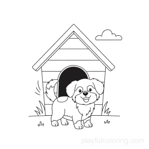 A dog house scene with a happy dog.