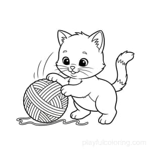 A curious kitten playing with a yarn ball.