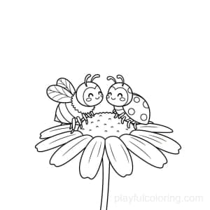 A bee and a ladybug friends on a daisy, tiny smiles.