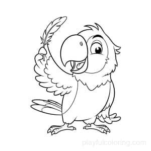 A parrot playing with a feather in a playful pose.