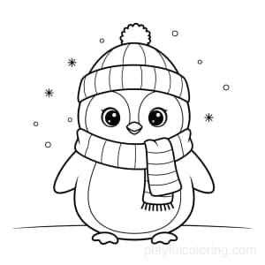 A penguin with a scarf and hat, winter scene.