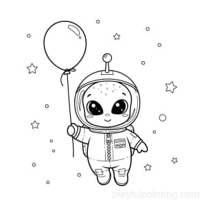 An alien in a tiny spacesuit floating with a balloon, stars and dots.