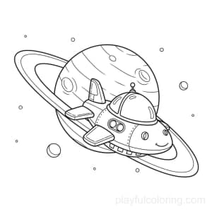 A spaceship in planetary orbit with a ringed planet in the background.