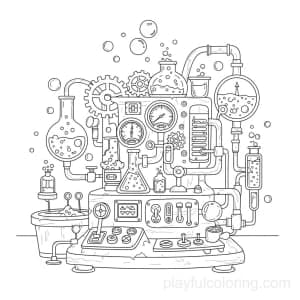 A bubble-making imaginary machine with gauges and buttons, tiny bubbles floating.