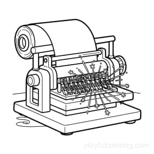 A story-printing machine with a paper roll and type bars, magical sparks.