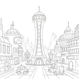 A futuristic city square with a tall hologram tower outline.