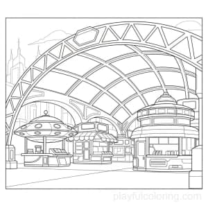 A futuristic market street with a canopy and kiosk outlines.