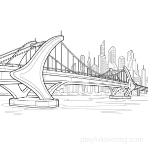 A futuristic city bridge with flowing lines over water, skyline behind.