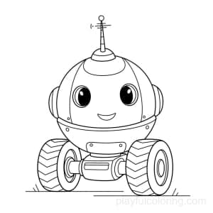 A round robot on wheels with an antenna blip, friendly pose.