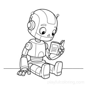 A robot reading a tiny book while seated, calm scene.