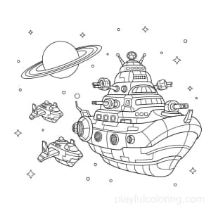 A capital ship with escort near a ringed planet, minimal UI arrows (no damage).
