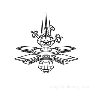 A space station central hub with antenna spire outlines and docking markers.