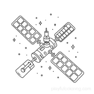 A space station with solar panel wings extended, tiny sparkles.