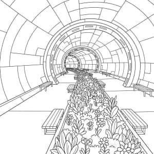 A space station ring interior with a garden strip and minimal benches.