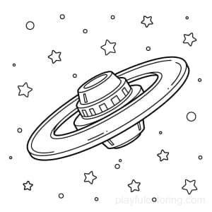 A space station with a ring and a central core in simple perspective, stars around.
