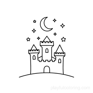 A castle silhouette with three towers, moon and stars above, calm night hint.