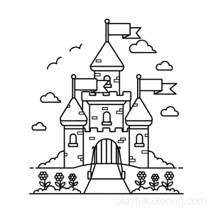 A castle with banners and a simple garden line, friendly scene, tiny clouds.