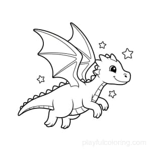 A flying dragon in side view with wings spread and small stars around.