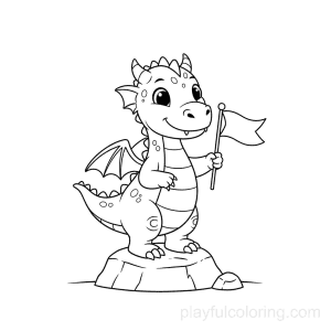 A dragon standing on a small rock holding a tiny flag, friendly smile.