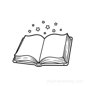 An open spellbook with tiny stars above the pages, calm scene, centered.