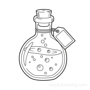 A potion bottle with bubbles and a label tag, friendly shape, centered.