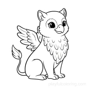 A friendly griffin with small wings and soft feathers, seated pose.