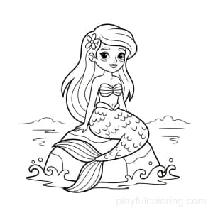 A mermaid sitting on a rock, tail curled, small wave lines, gentle smile.