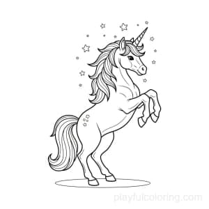 A rearing unicorn with tiny stars around, proud pose, hint of ground.