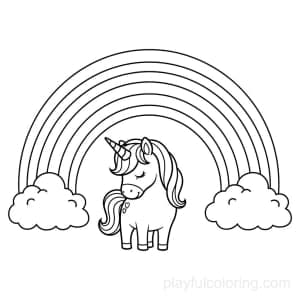 A unicorn under a rainbow arc with two clouds, gentle pose, centered.