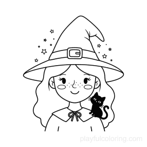 A witch with a small cat silhouette on her shoulder, smiling, tiny stars.