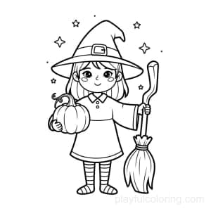 A young witch holding a pumpkin and a broom, smiling, centered composition.
