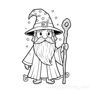 A friendly wizard with a long beard holding a staff, tiny stars.