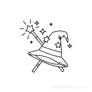 A wizard hat and wand crossed, small stars, centered icon style.