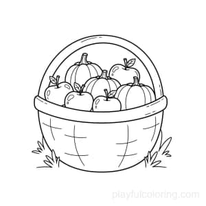 A harvest basket outline with apples and pumpkins, centered, friendly lines, calm scene.