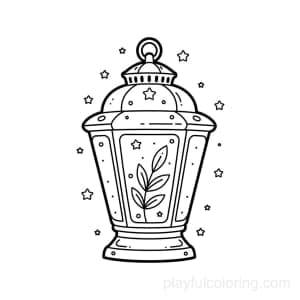 A lantern outline with a leaf motif and tiny stars, centered, friendly style.