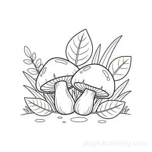 A mushroom pair outline with leaves, centered, friendly curves, calm forest hint.