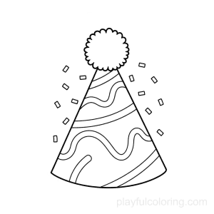 A party hat outline with stripes and a pom-pom, tiny confetti, centered, friendly curves.