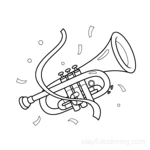 A carnival trumpet outline with a streamer, centered, friendly curves, calm scene, non-scary.