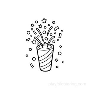A carnival confetti cannon outline with tiny stars and dots, centered, friendly composition, calm scene, non-scary.