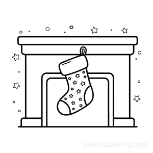 A stocking hung on a simple fireplace outline, tiny stars, friendly scene, centered.