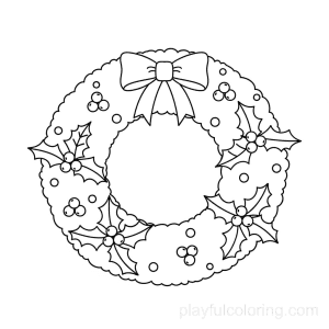 A Christmas wreath outline with a bow and holly leaves, centered, friendly style.