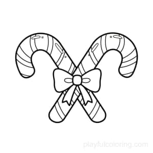 A pair of candy canes crossed with a bow outline, centered, friendly curves.