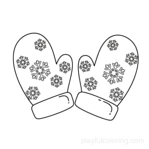 A pair of mittens outline with snowflake icons, centered, friendly lines.