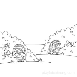 An Easter egg hunt scene with two eggs hidden near bushes, bow icons, calm horizon, friendly composition.