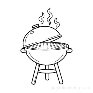 A grill outline with simple smoke lines, centered, friendly style, calm scene.