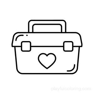 A toolbox outline with a heart icon, centered, friendly lines, calm scene.
