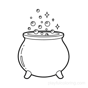 A cauldron outline with tiny bubbles and sparkles, friendly composition, centered, non-scary.
