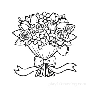A flower bouquet outline with a 'MOM' heart tag (text omitted), ribbon, centered, friendly curves.