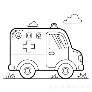 An ambulance with small window shapes and a cross symbol, circular wheels, calm scene.